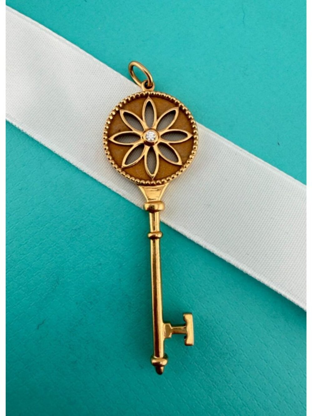 Tiffany & Co. 18k Rose Gold Blossom Key Pendant Diamond Flower Motif, 2in, 12.4g